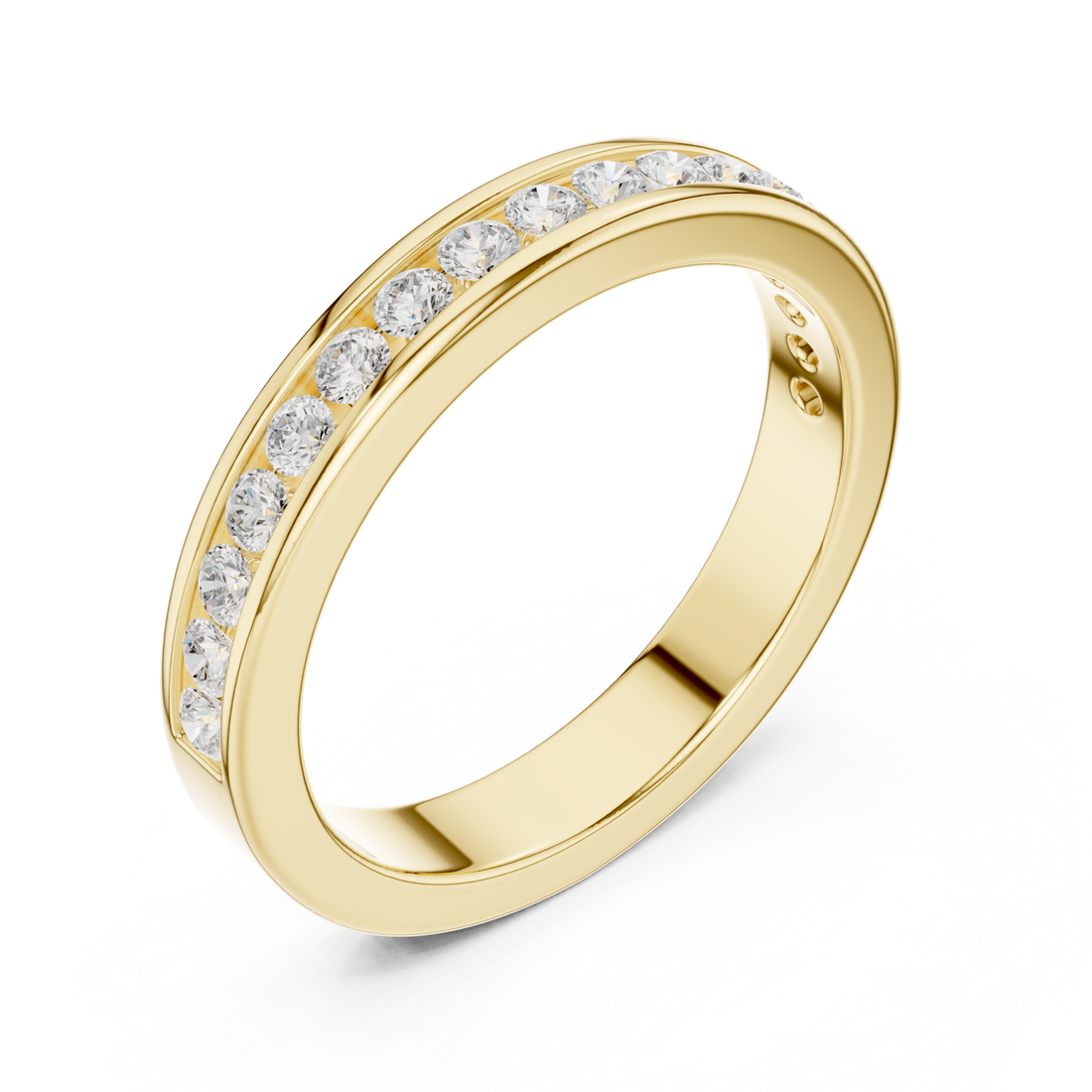 Channel-set round half eternity band yellow gold front view