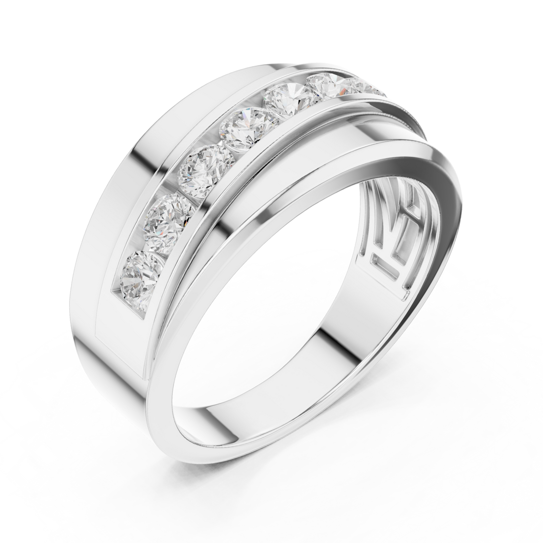 Channel-set round wide band white gold front view