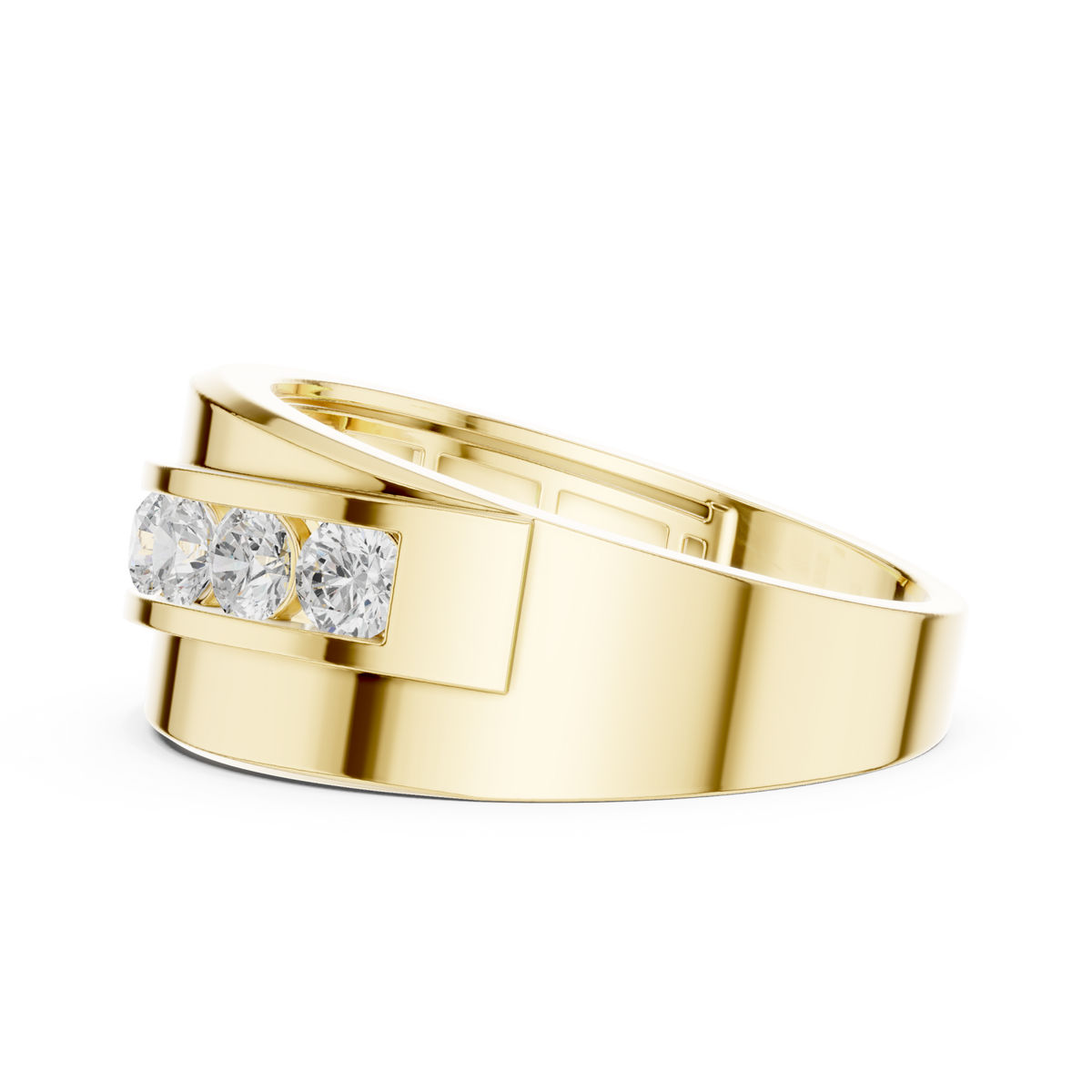 Channel-set round wide band yellow gold angle view