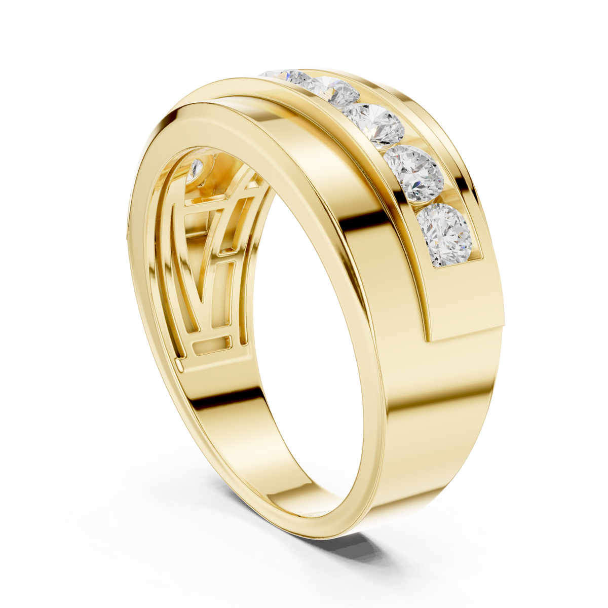 Channel-set round wide band yellow gold side view
