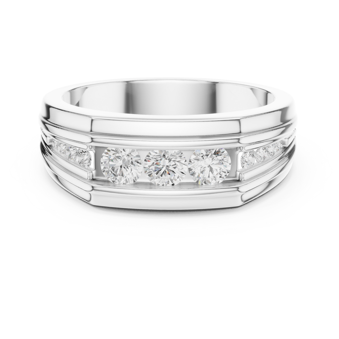  White Gold Channel Row Rail Band for Him Front View