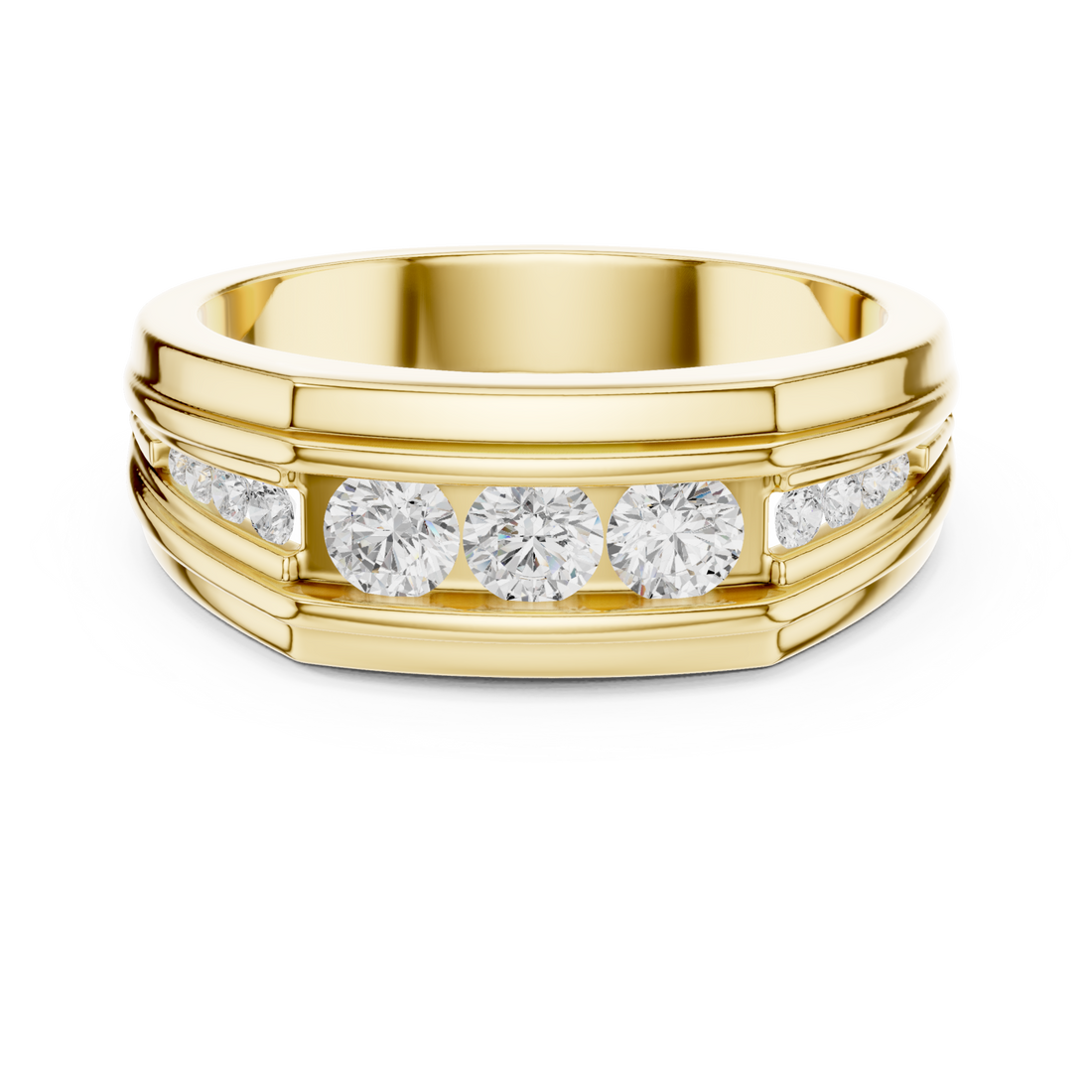 Gold Channel Step Edge Band for Him Front View