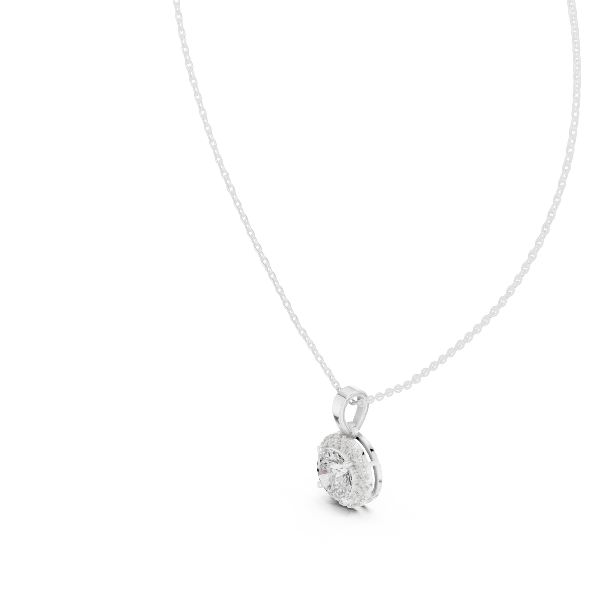 Classic round halo pendant white gold angle view