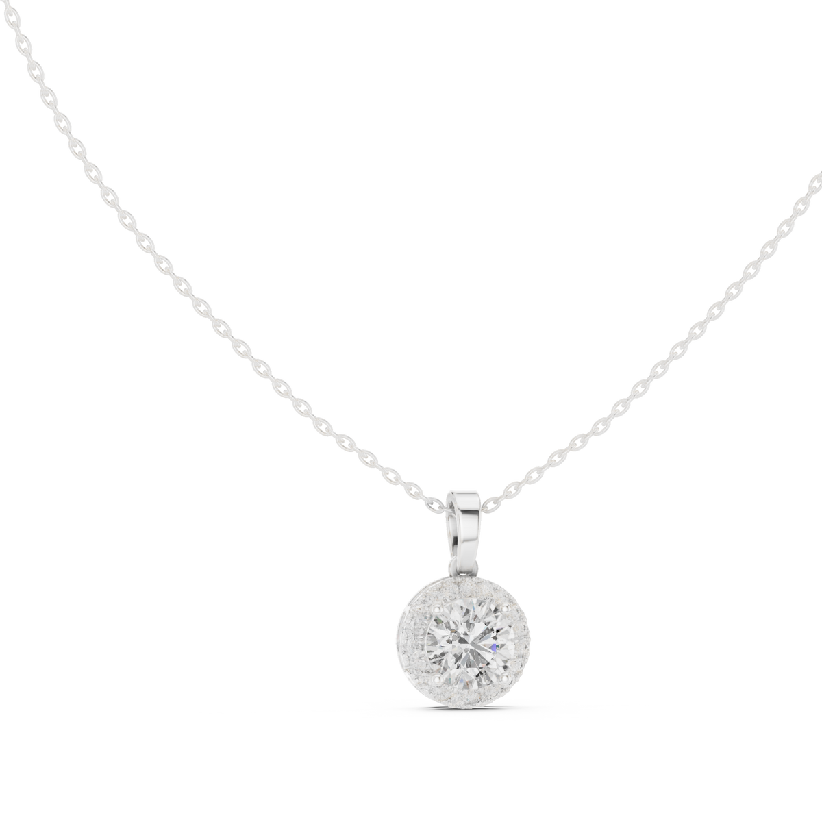 Classic round halo pendant white gold front view
