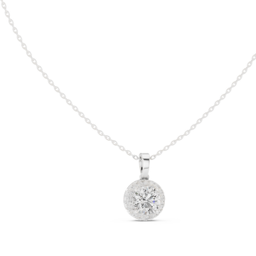 Classic round halo pendant white gold front view