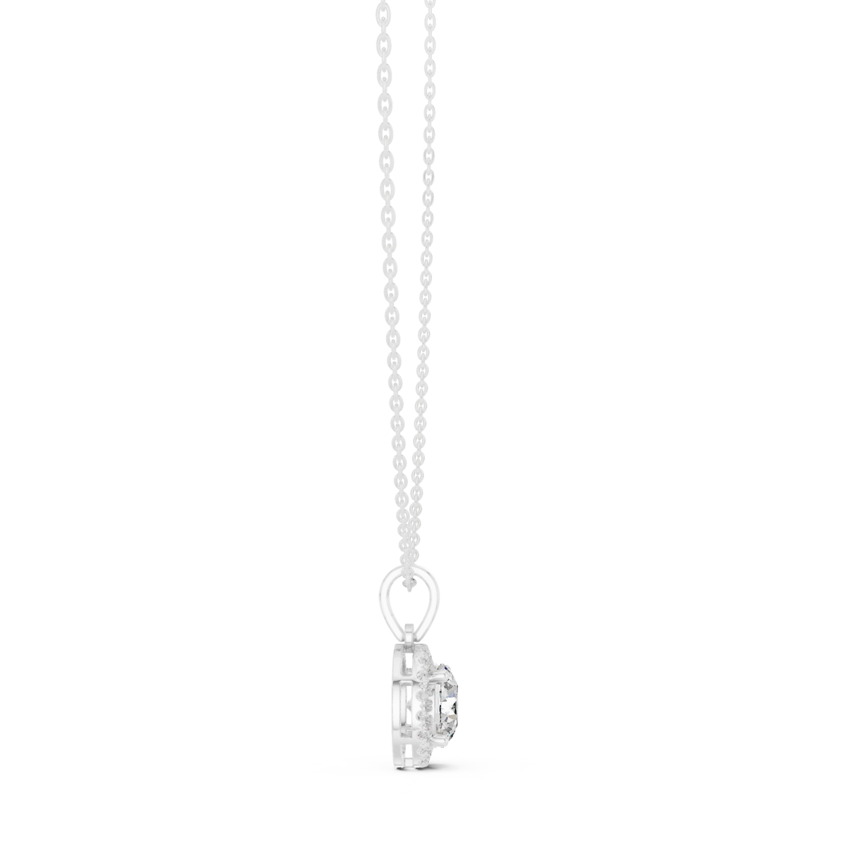 Classic round halo pendant white gold side view