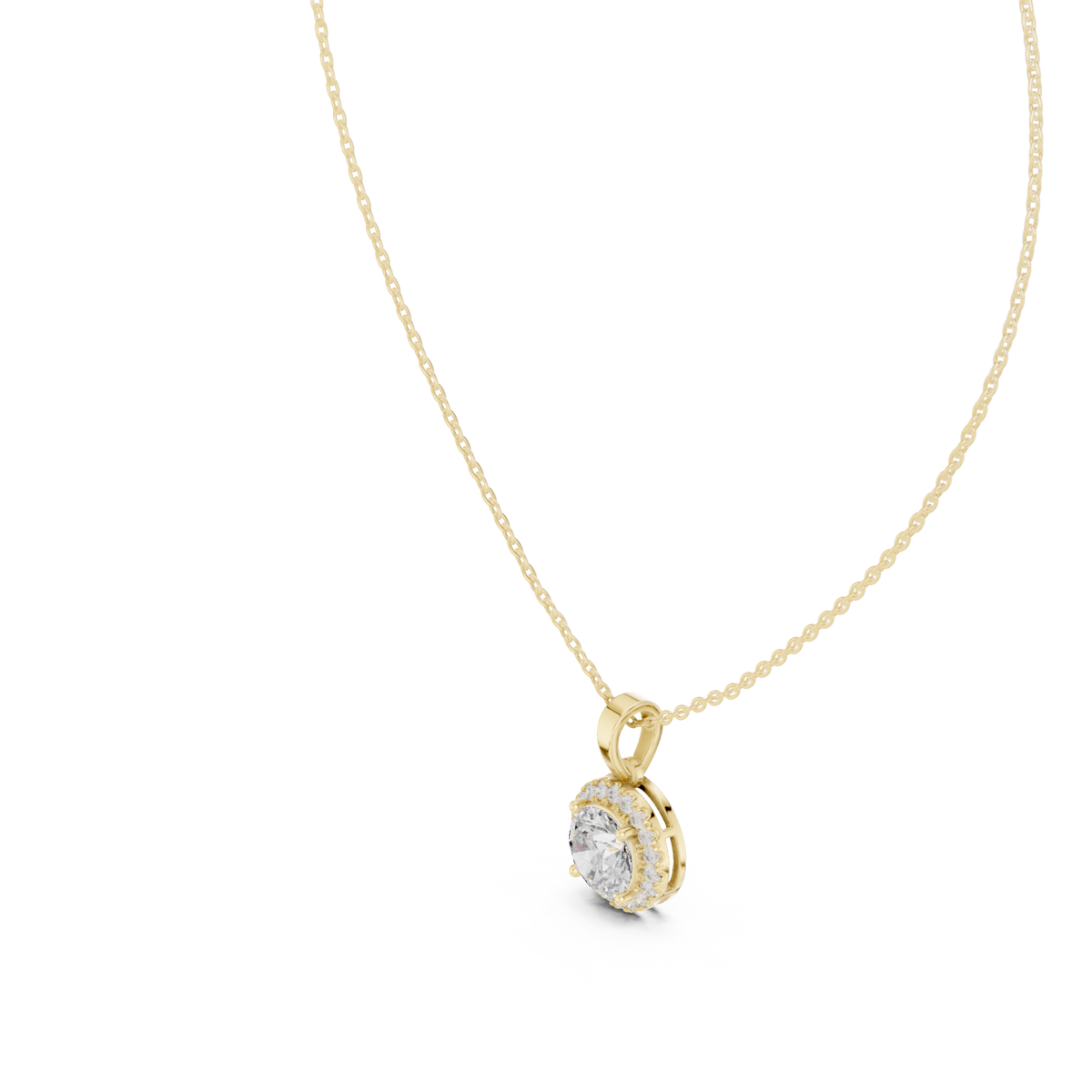 Classic round halo pendant yellow gold angle view