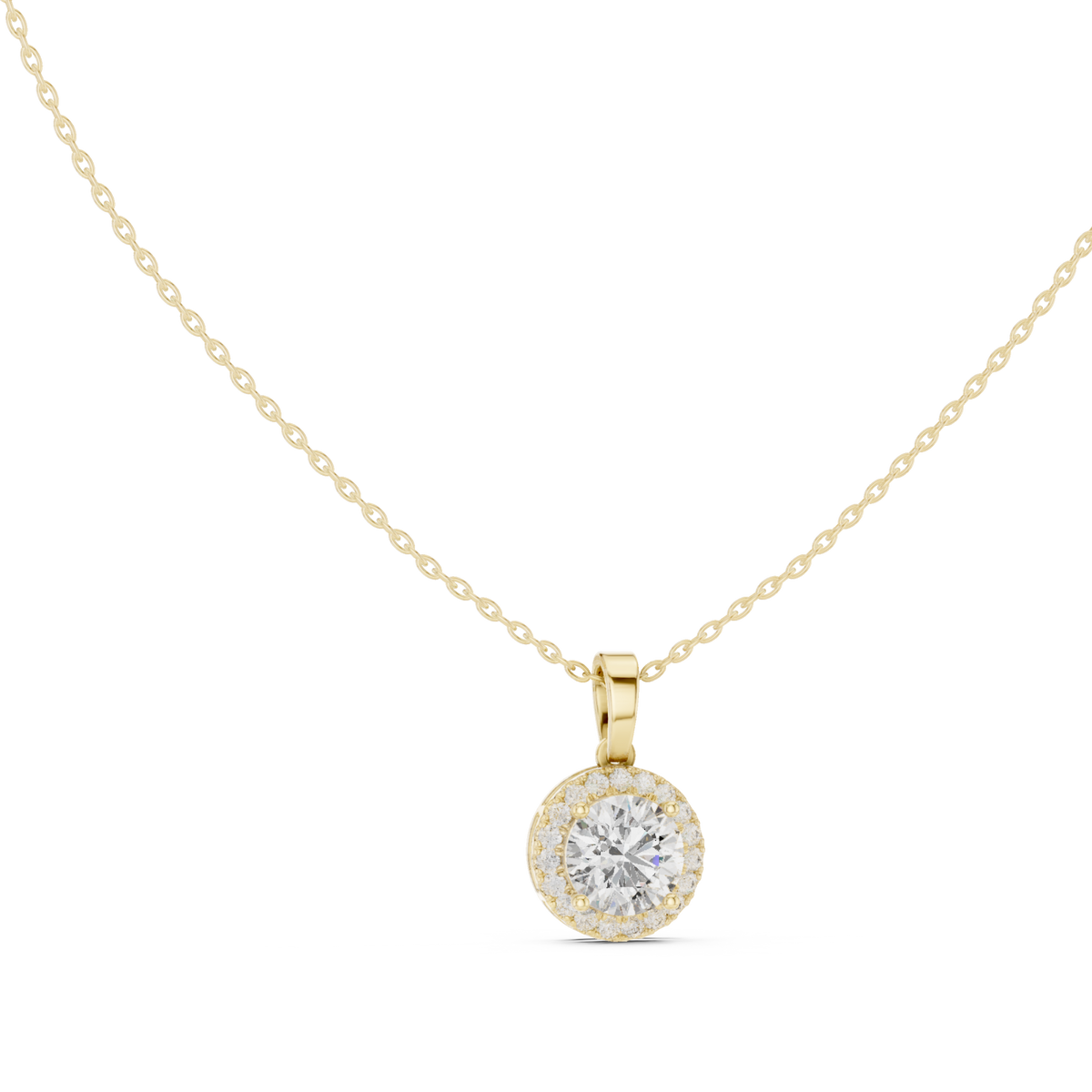 Classic round halo pendant yellow gold front view