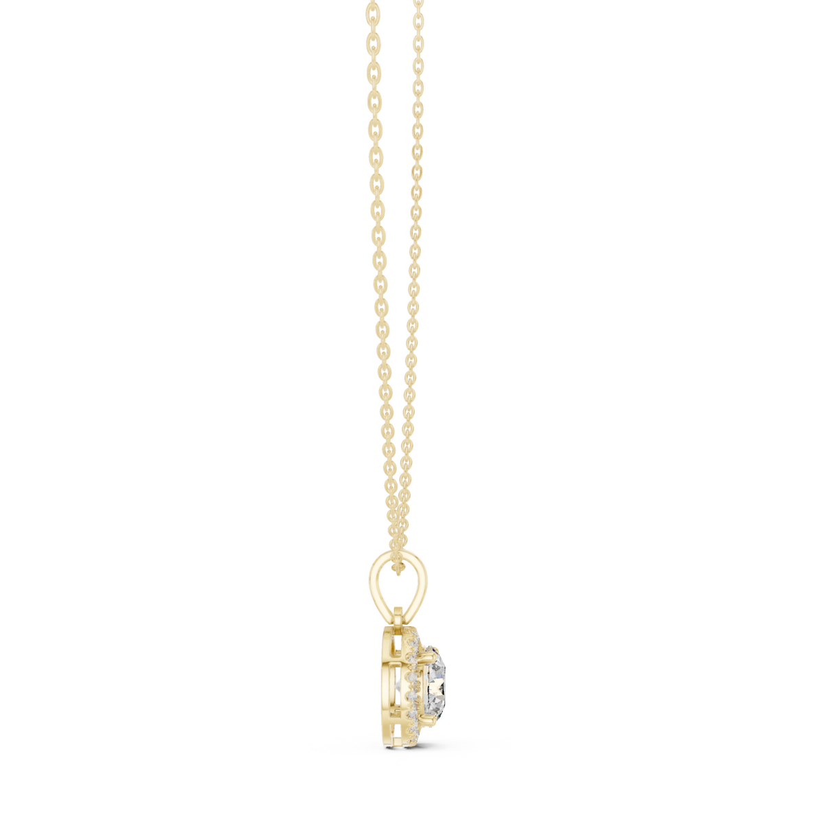 Classic round halo pendant yellow gold side view