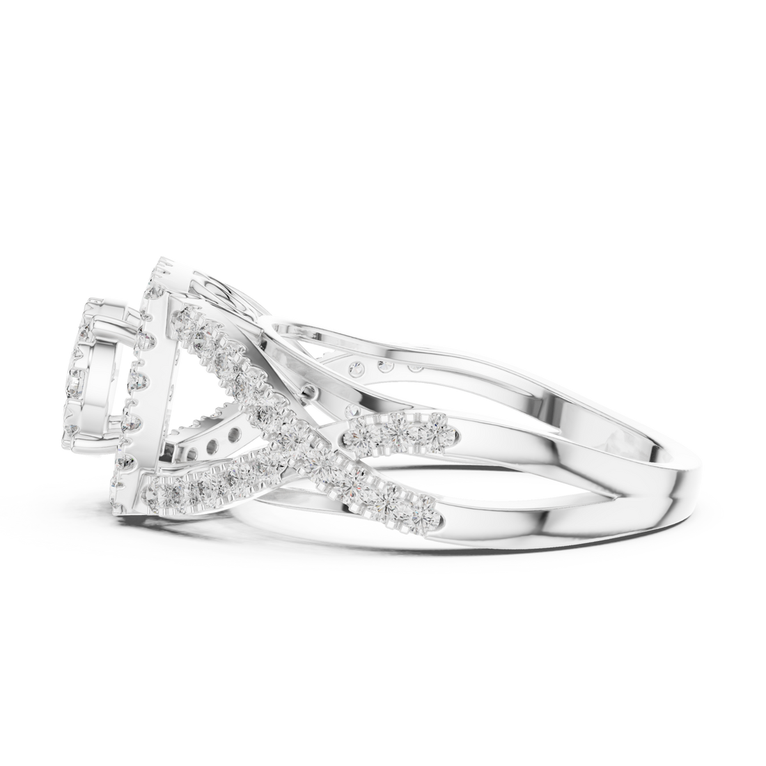 Cluster dome crossover cocktail ring white gold front view