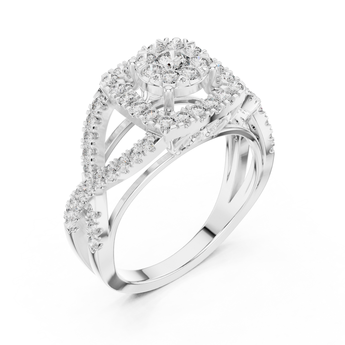 Cluster dome crossover cocktail ring white gold front view