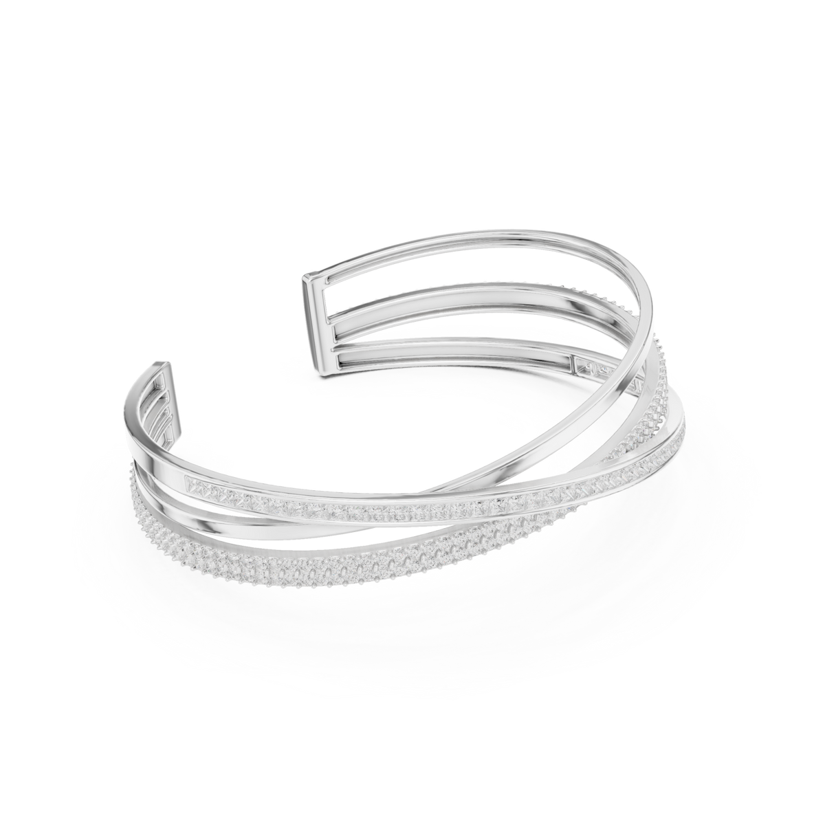  White Gold Crossover Pave and Channel Cuff Bracelet Front View
