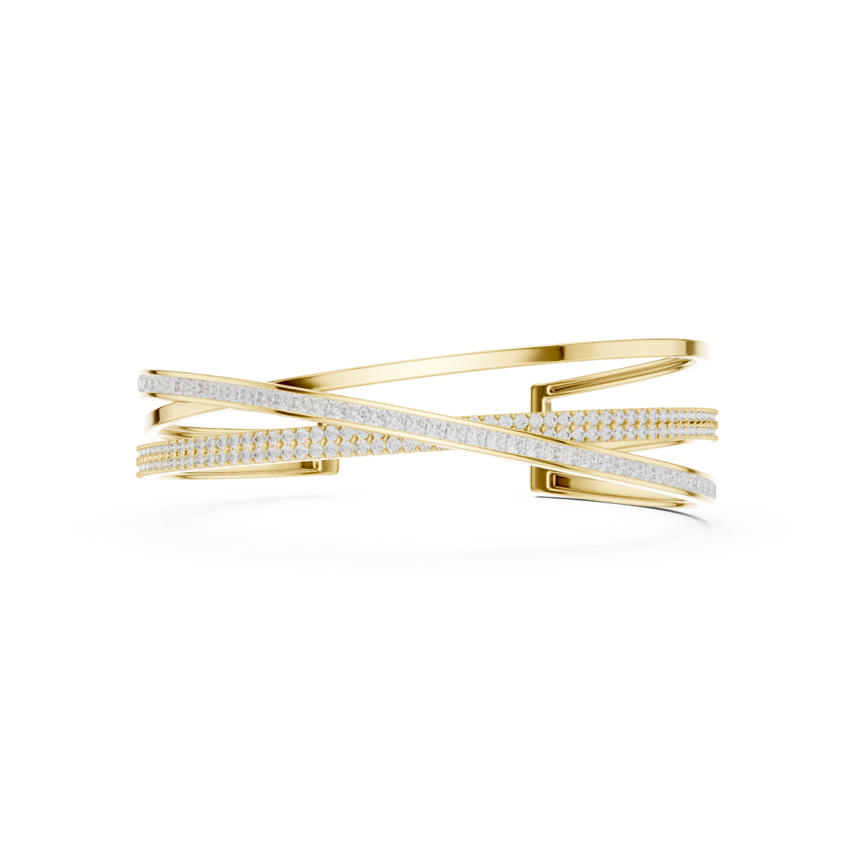  Gold Crossover Pave and Channel Cuff Bracelet Detail View