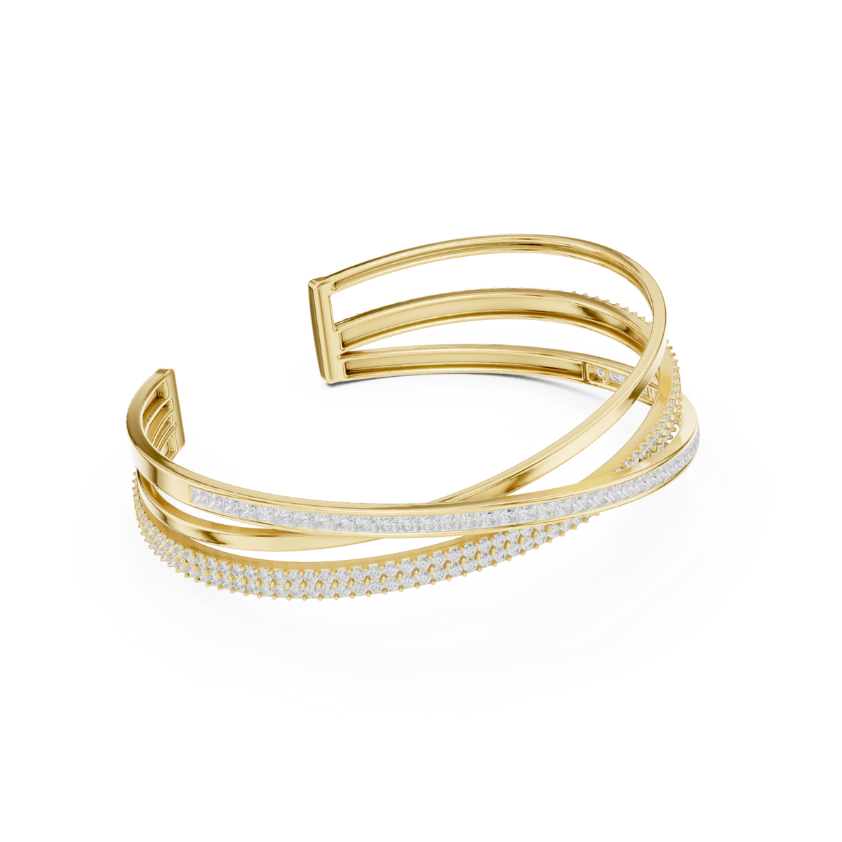 Gold Crossover Pave and Channel Cuff Bracelet Front View