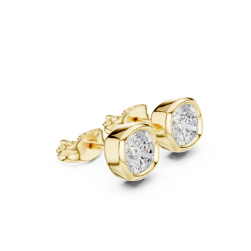 Gold Cushion-Cut Diamond Bezel Stud Earrings Front View