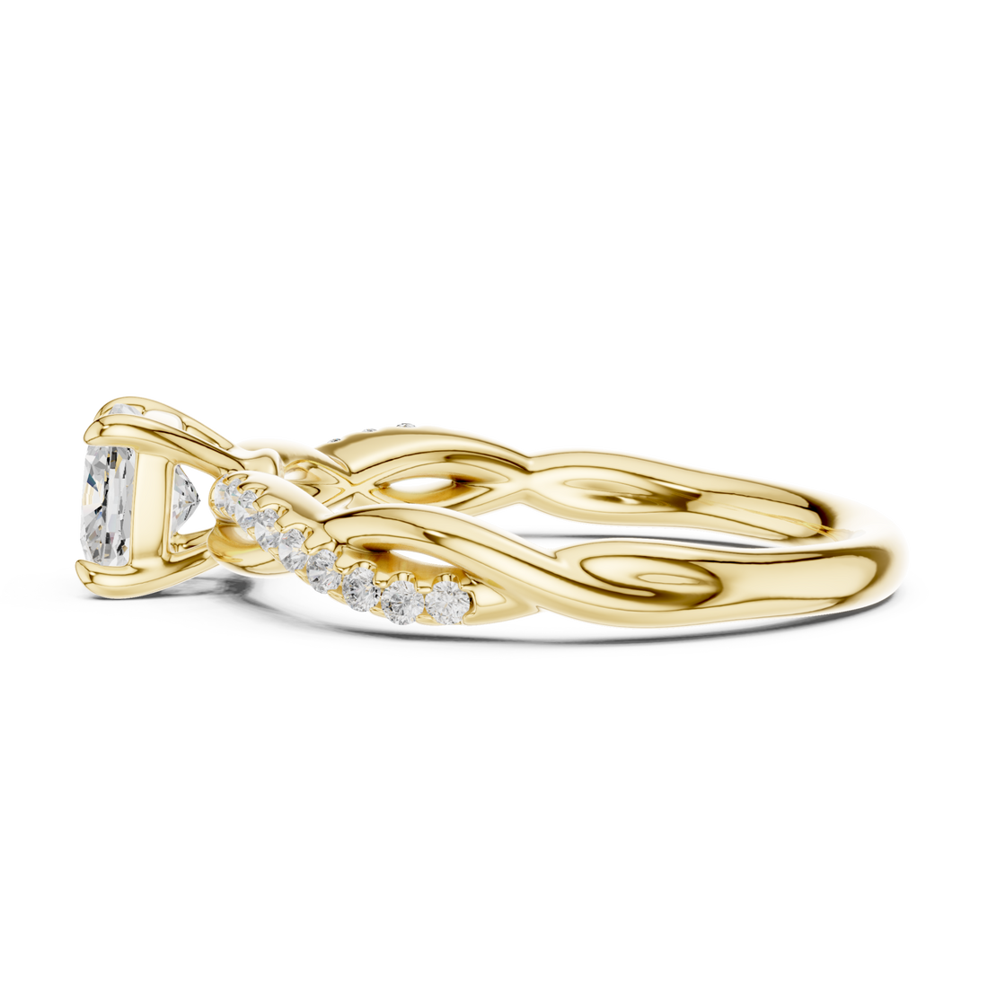 Cushion-cut diamond twisted vine engagement ring yellow gold front view