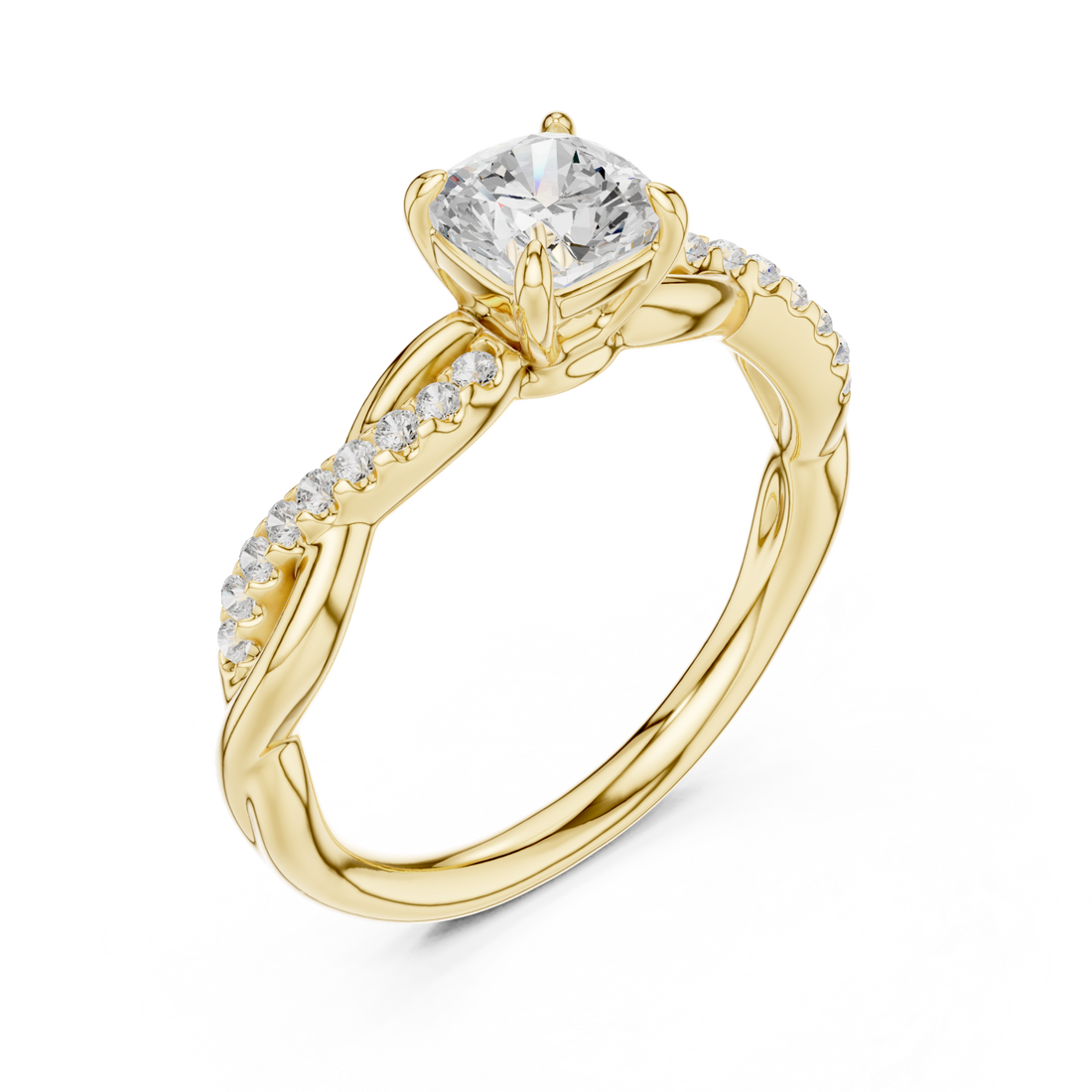 Cushion-cut diamond twisted vine engagement ring yellow gold front view