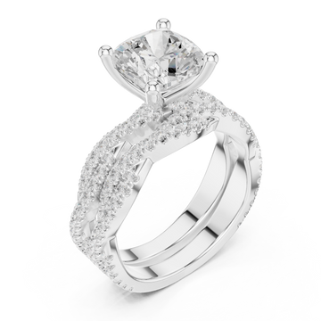 Cushion-cut twisted pave solitaire bridal set white gold front view