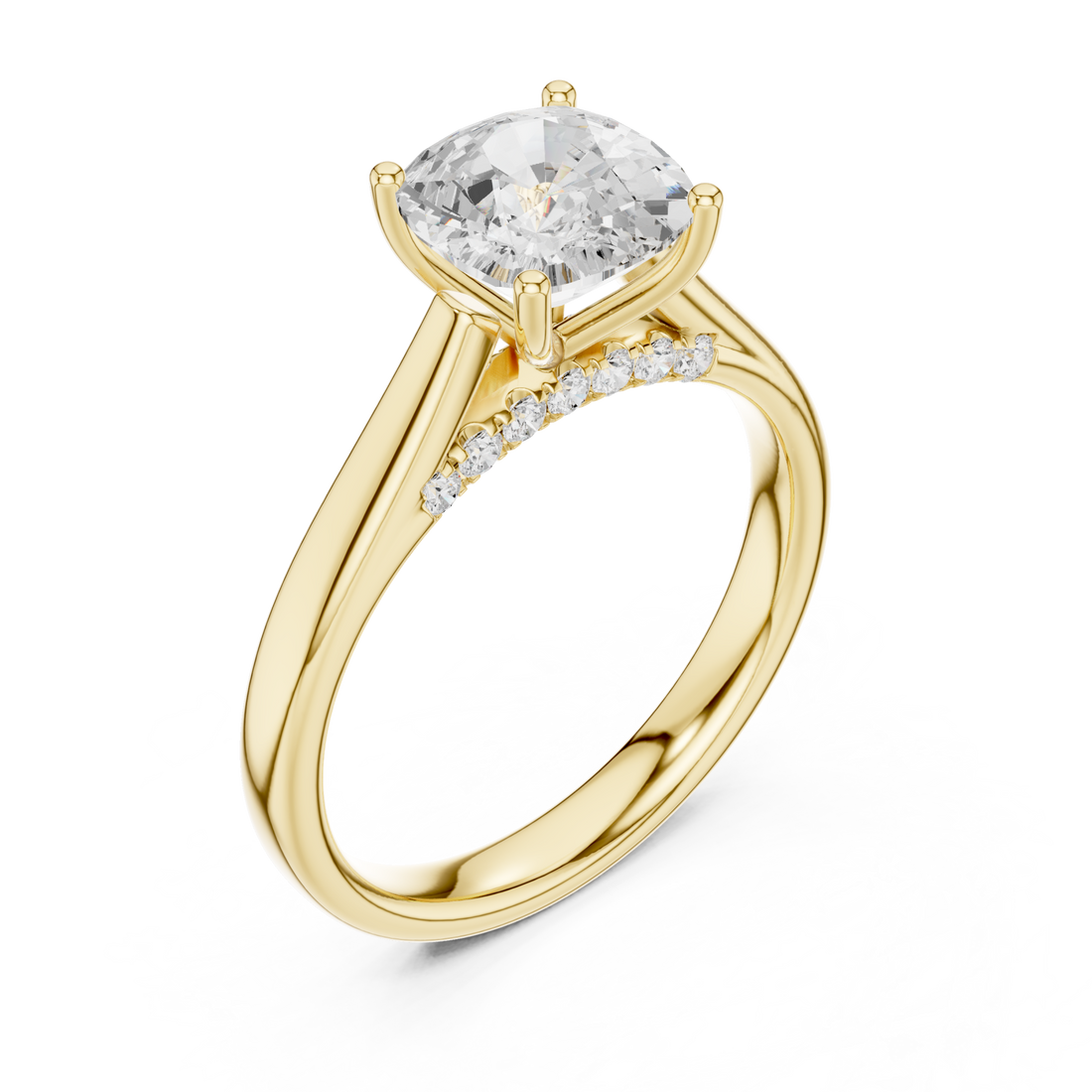 Cushion accent shoulder cathedral solitaire engagement ring yellow gold front view