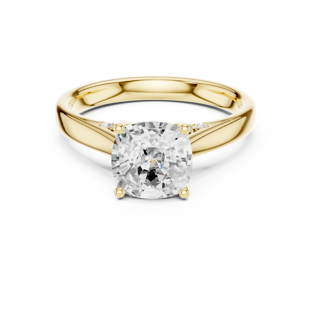 Cushion accent shoulder cathedral solitaire engagement ring yellow gold detail view