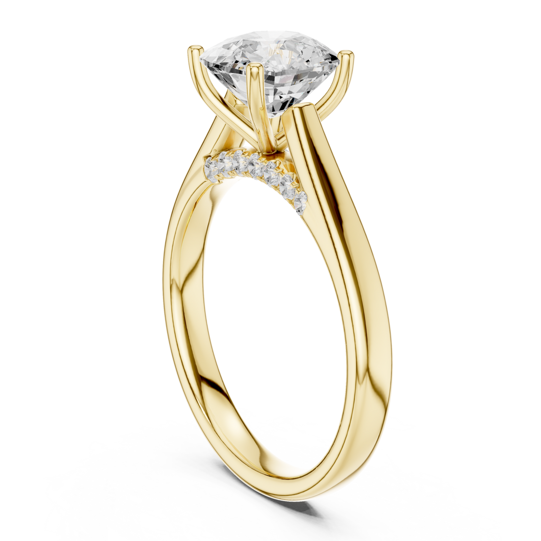 Cushion accent shoulder cathedral solitaire engagement ring yellow gold front view