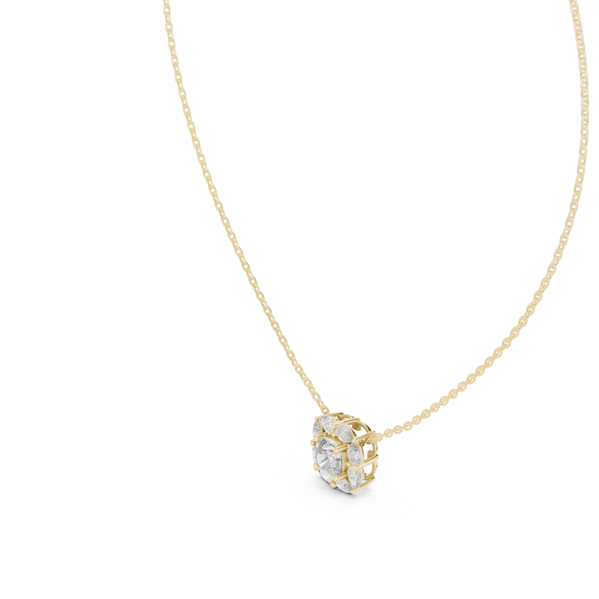 Cushion and pear cluster pendant yellow gold angle view