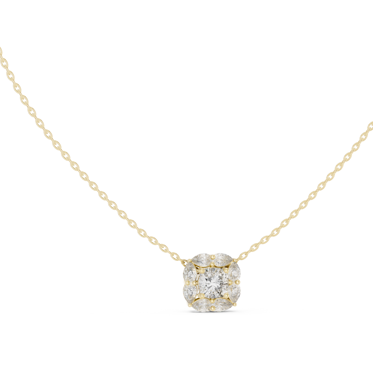 Cushion and pear cluster pendant yellow gold front view