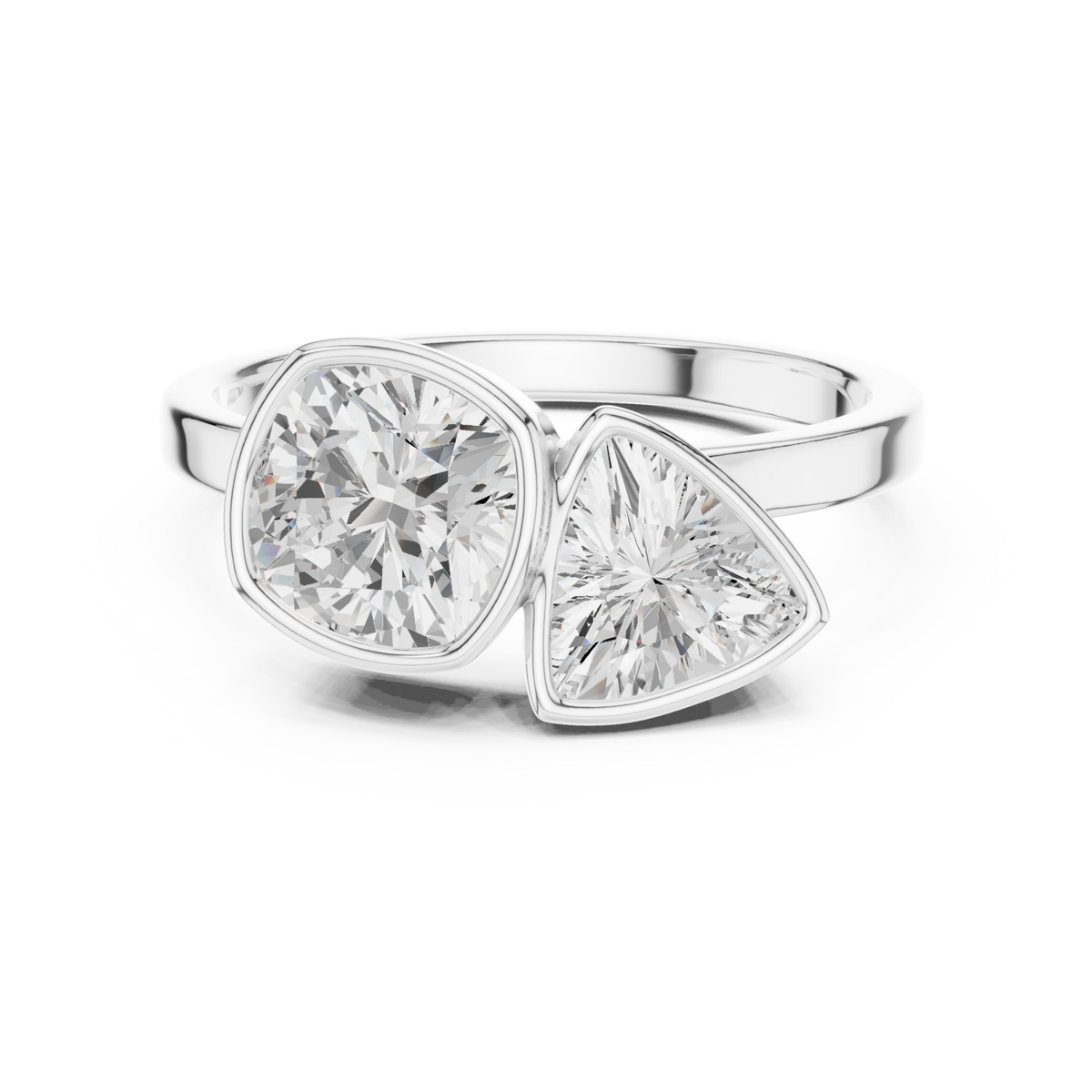 Cushion and trillion bezel toi et moi ring white gold detail view
