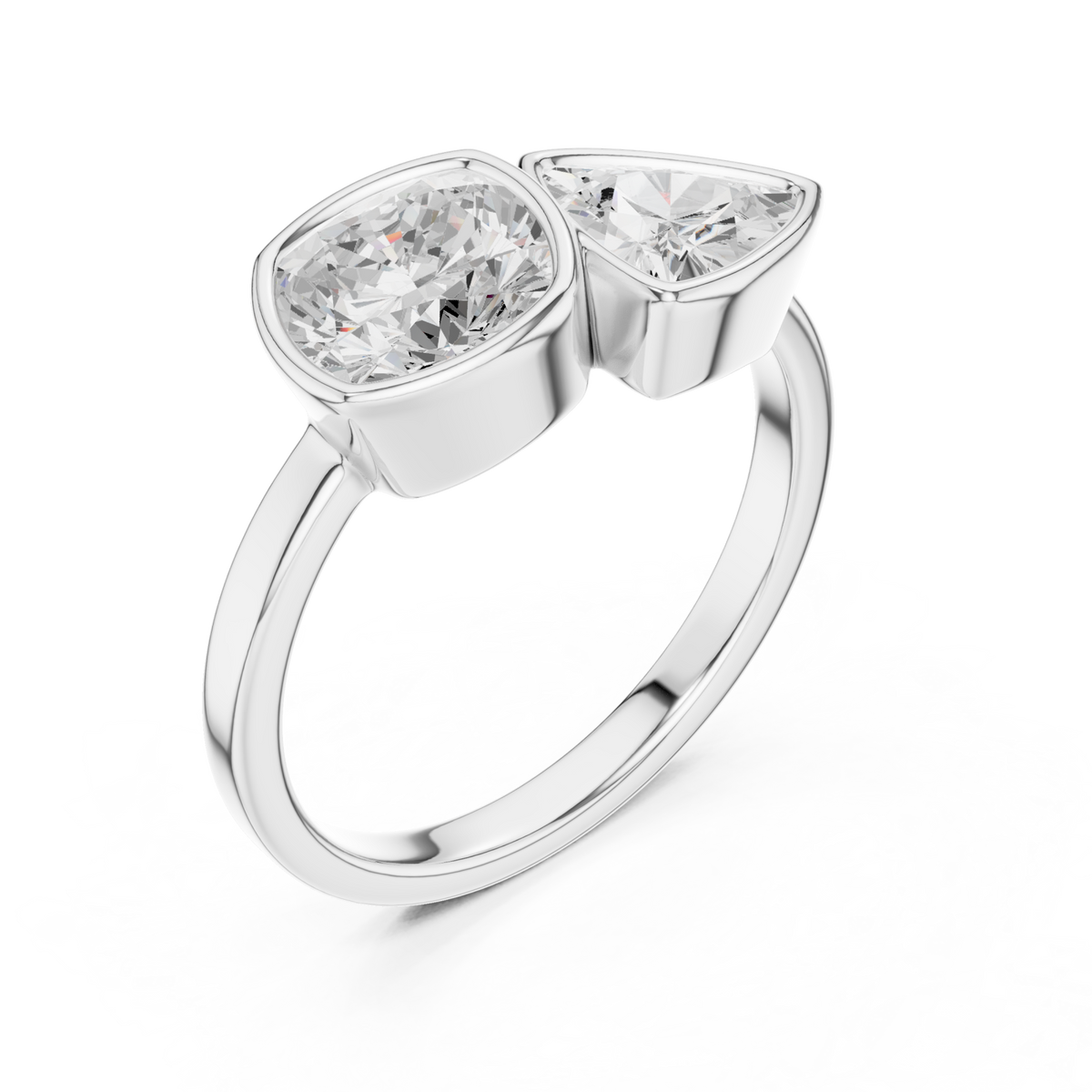 Cushion and trillion bezel toi et moi ring white gold front view