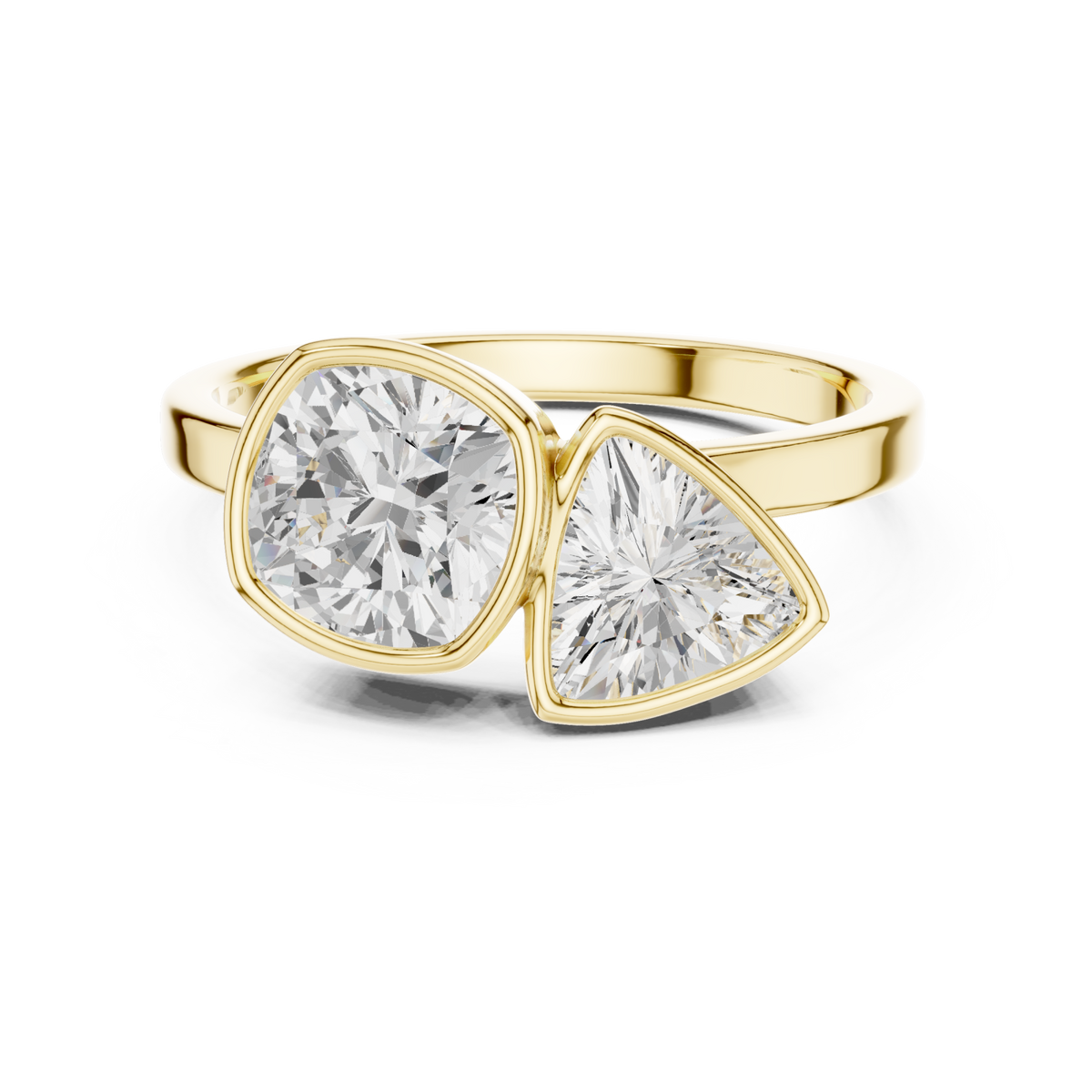 Cushion and trillion bezel toi et moi ring yellow gold detail view