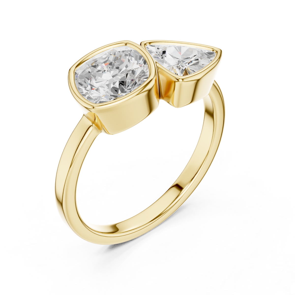 Cushion and trillion bezel toi et moi ring yellow gold front view