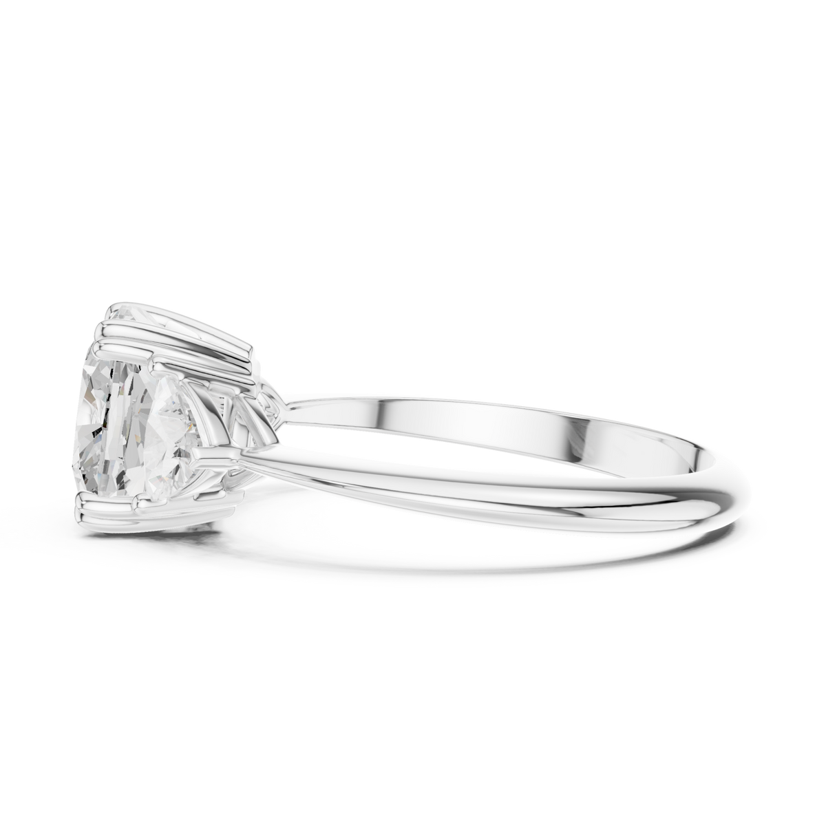 Cushion and trillion three-stone ring white gold angle view