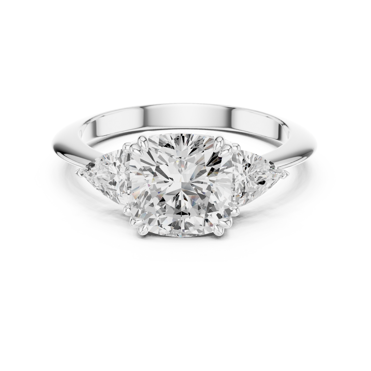 Cushion and trillion three-stone ring white gold detail view