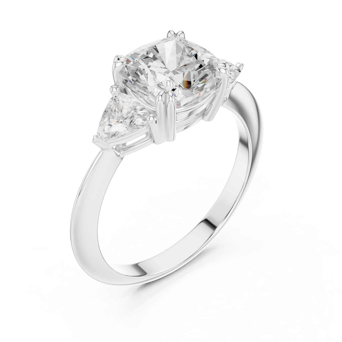 Cushion and trillion three-stone ring white gold front view