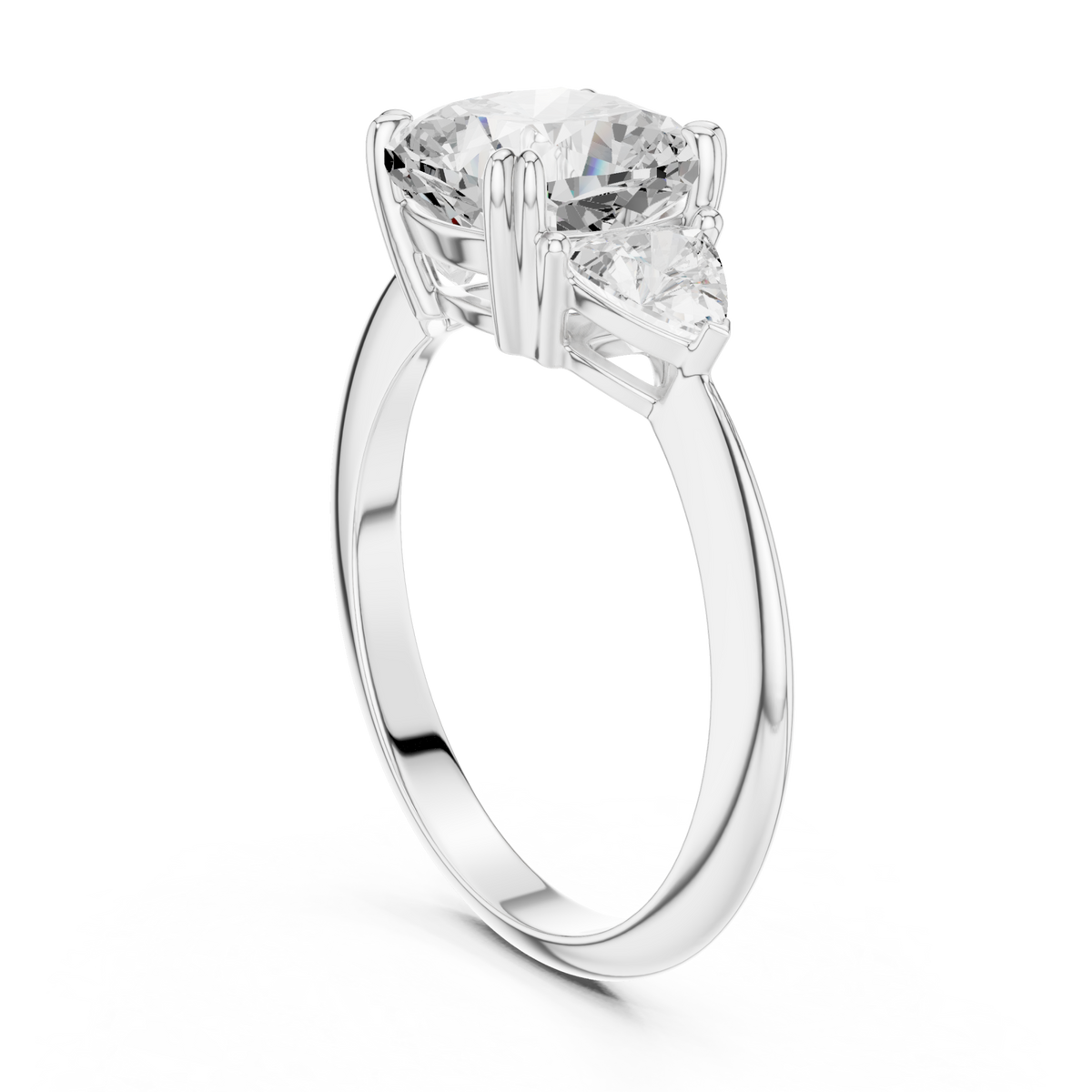 Cushion and trillion three-stone ring white gold side view
