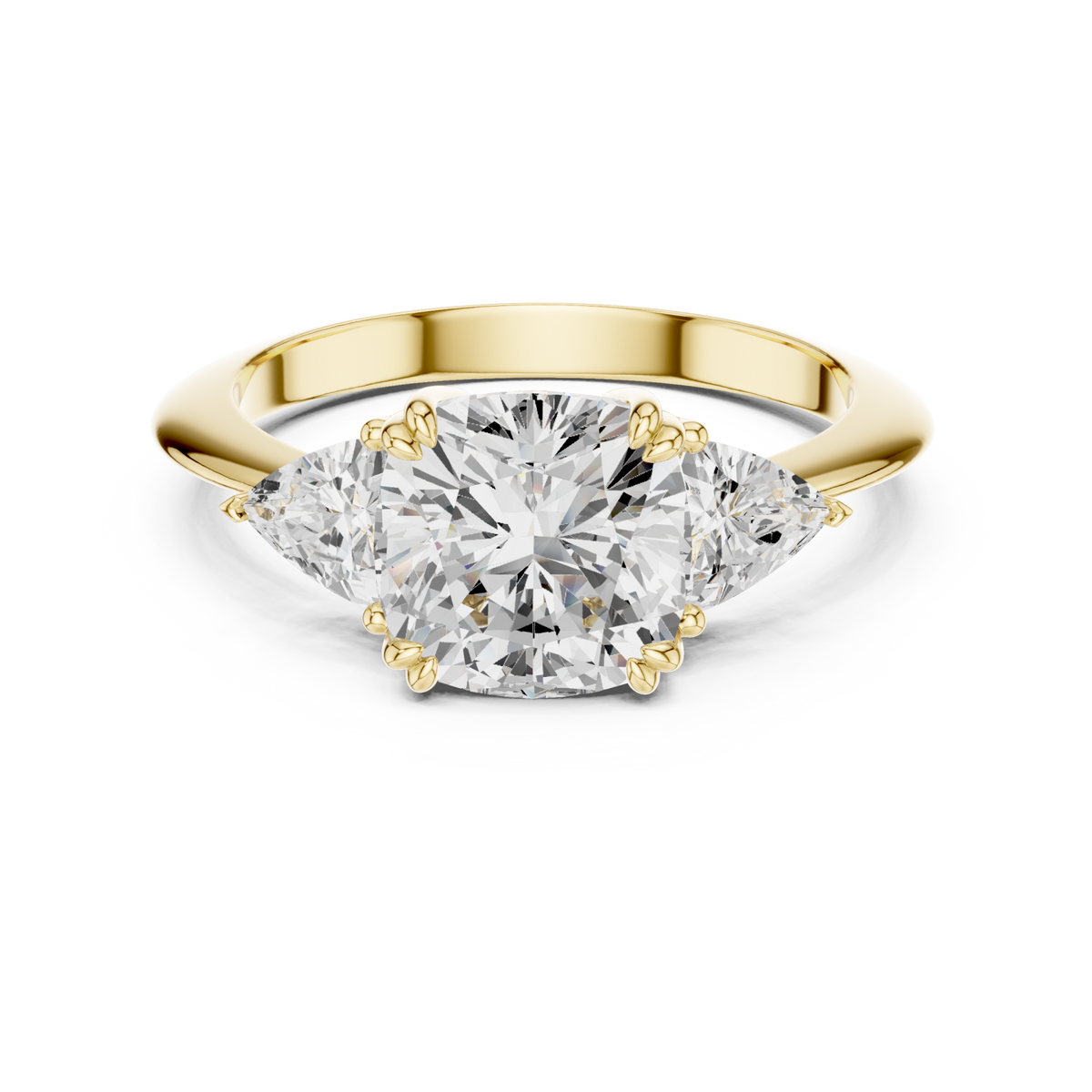Cushion and trillion three-stone ring yellow gold detail view