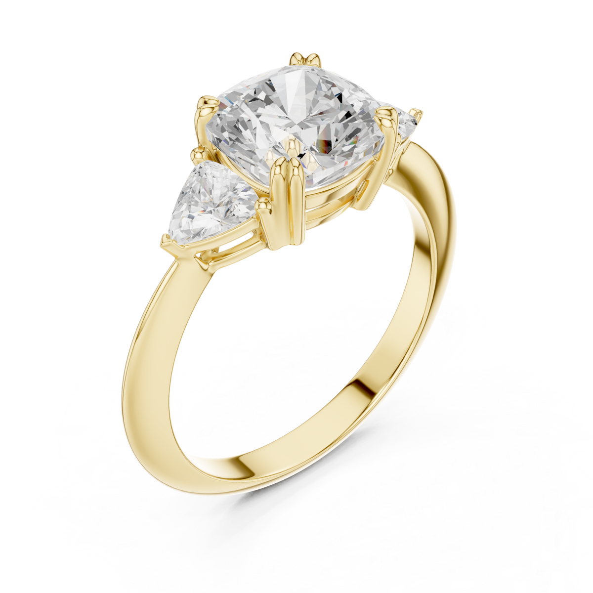 Cushion and trillion three-stone ring yellow gold front view