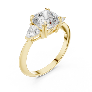 Cushion and trillion three-stone ring yellow gold front view