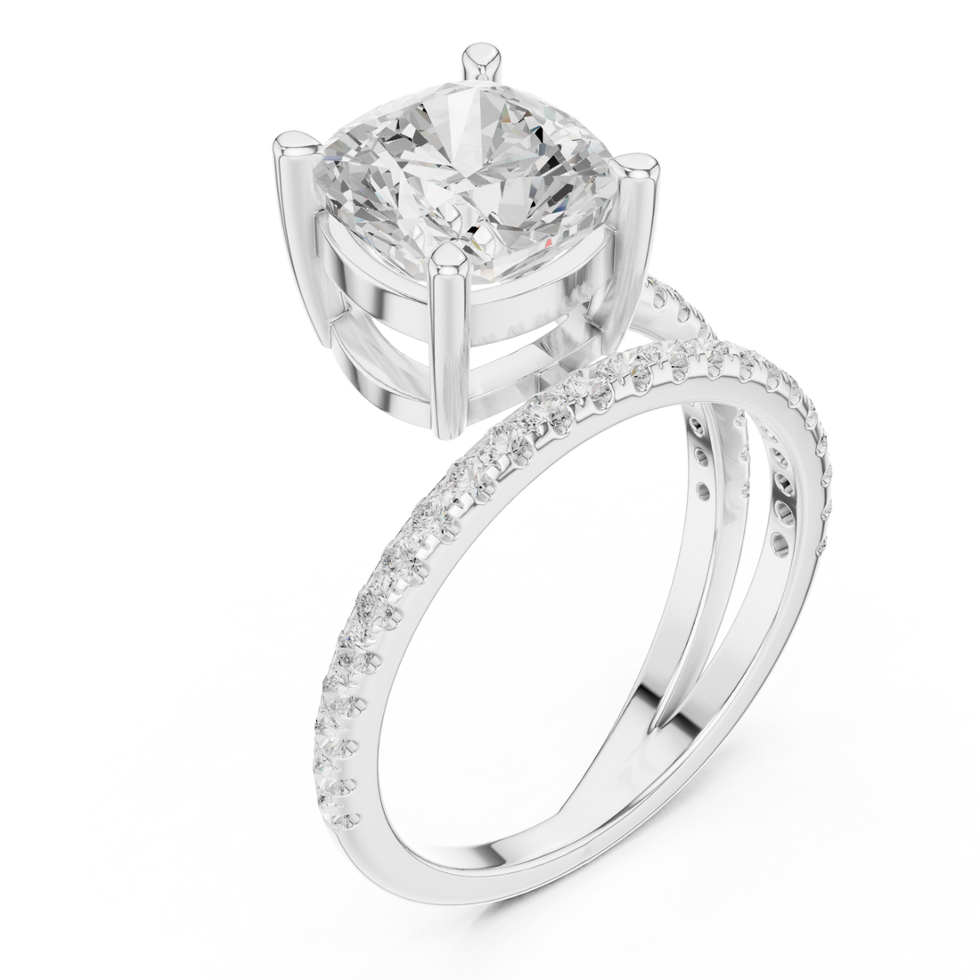 Cushion asymmetric crossover pave ring white gold front view