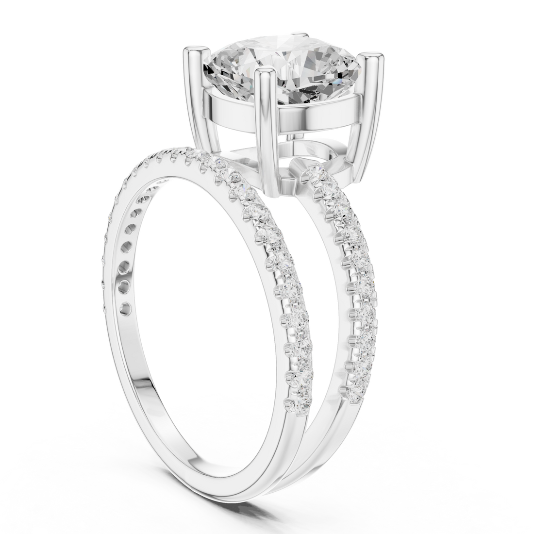 Cushion asymmetric crossover pave ring white gold front view
