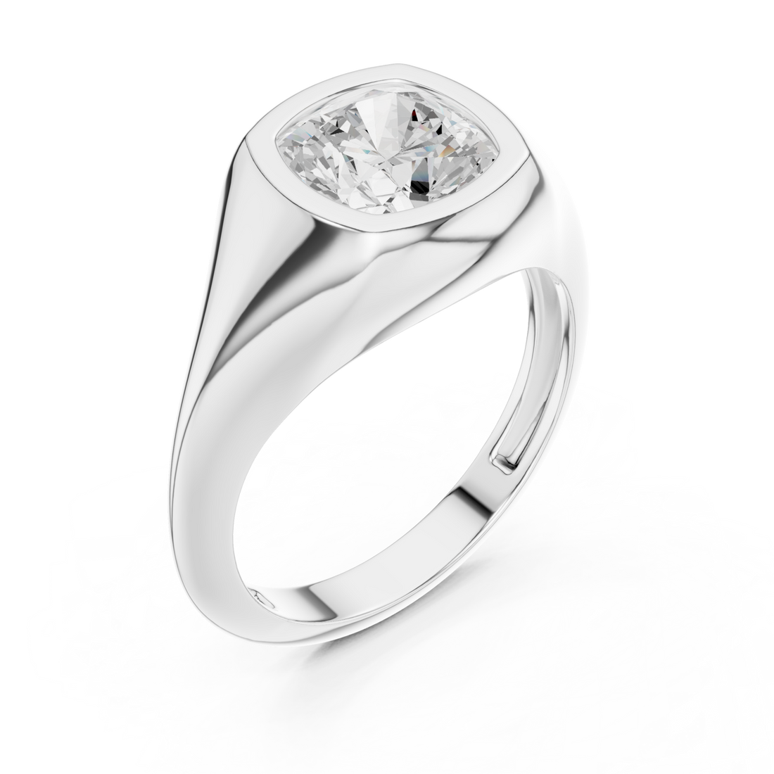 Cushion bezel signet ring white gold front view