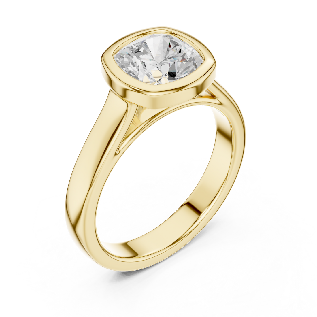 Cushion bezel solitaire engagement ring yellow gold front view