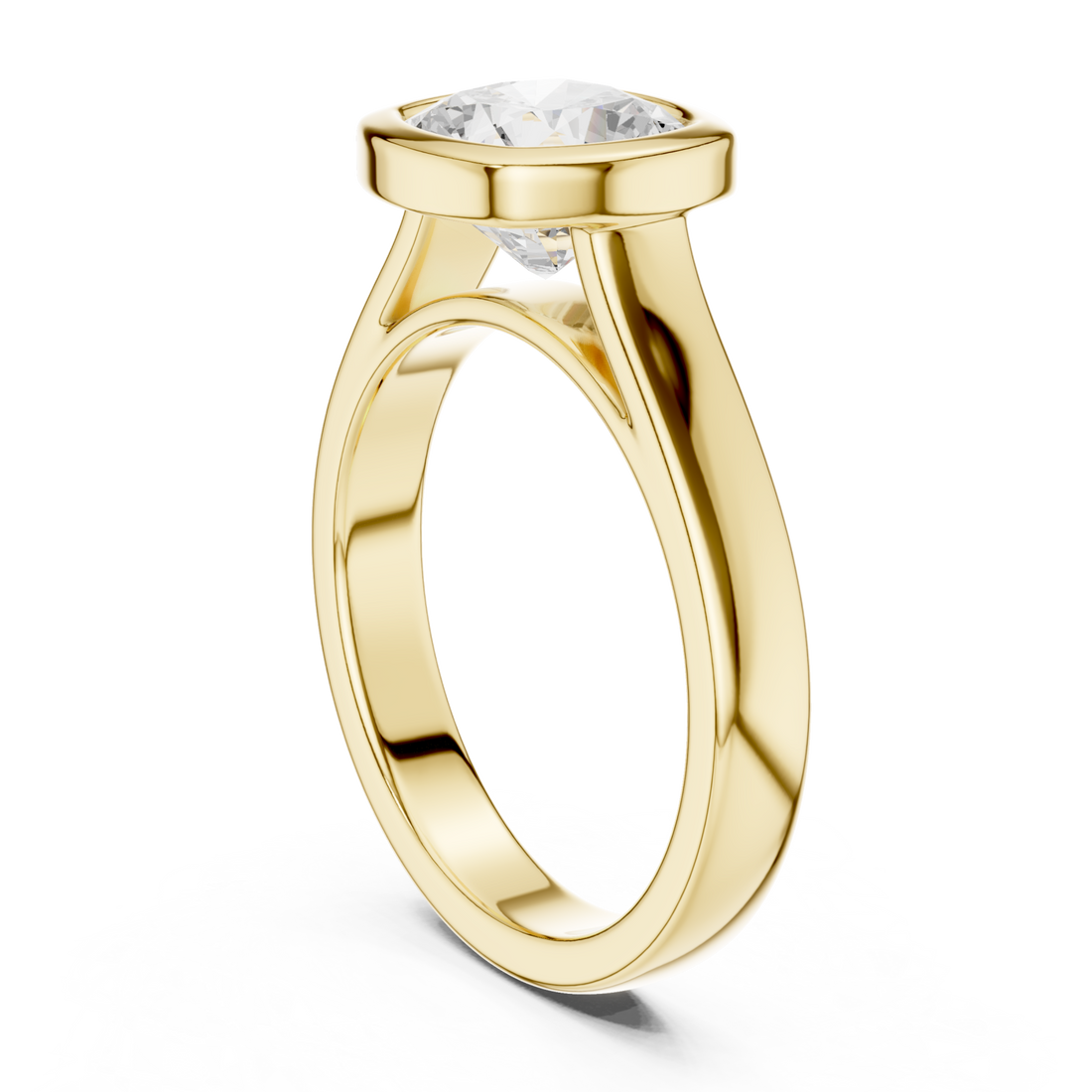 Cushion bezel solitaire engagement ring yellow gold front view