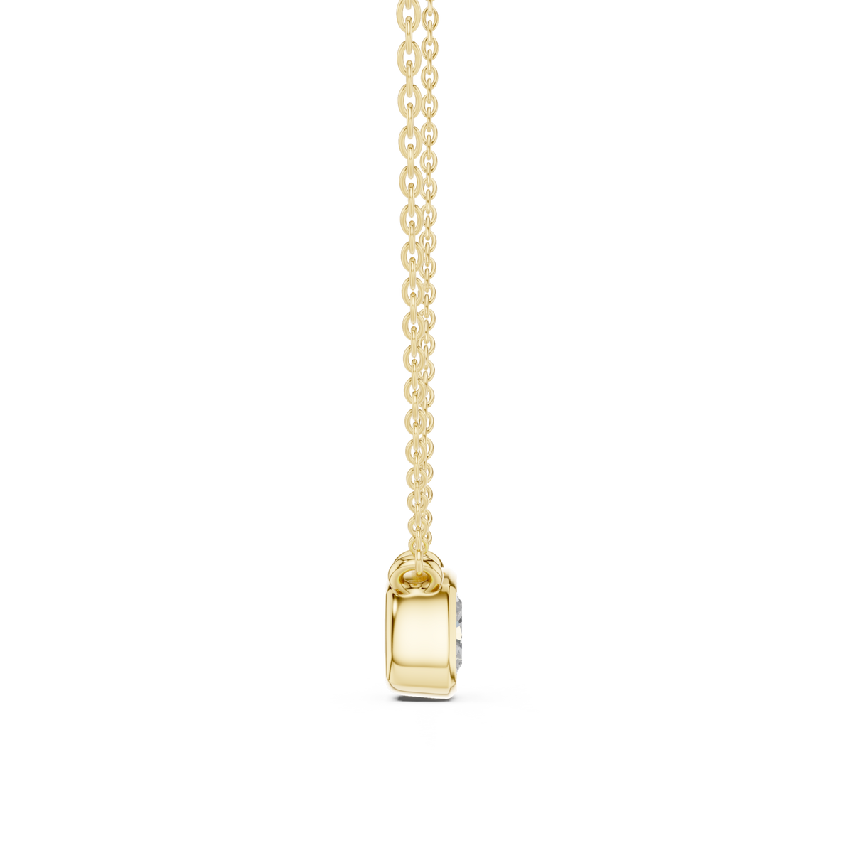 Cushion bezel solitaire pendant yellow gold side view