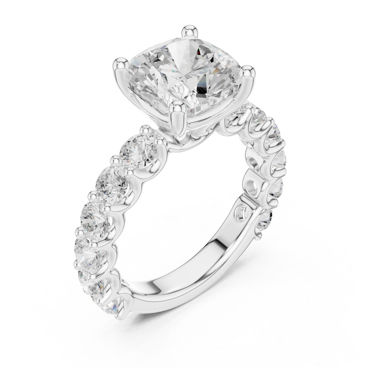 Cushion bold shared-prong accent engagement ring white gold angle view