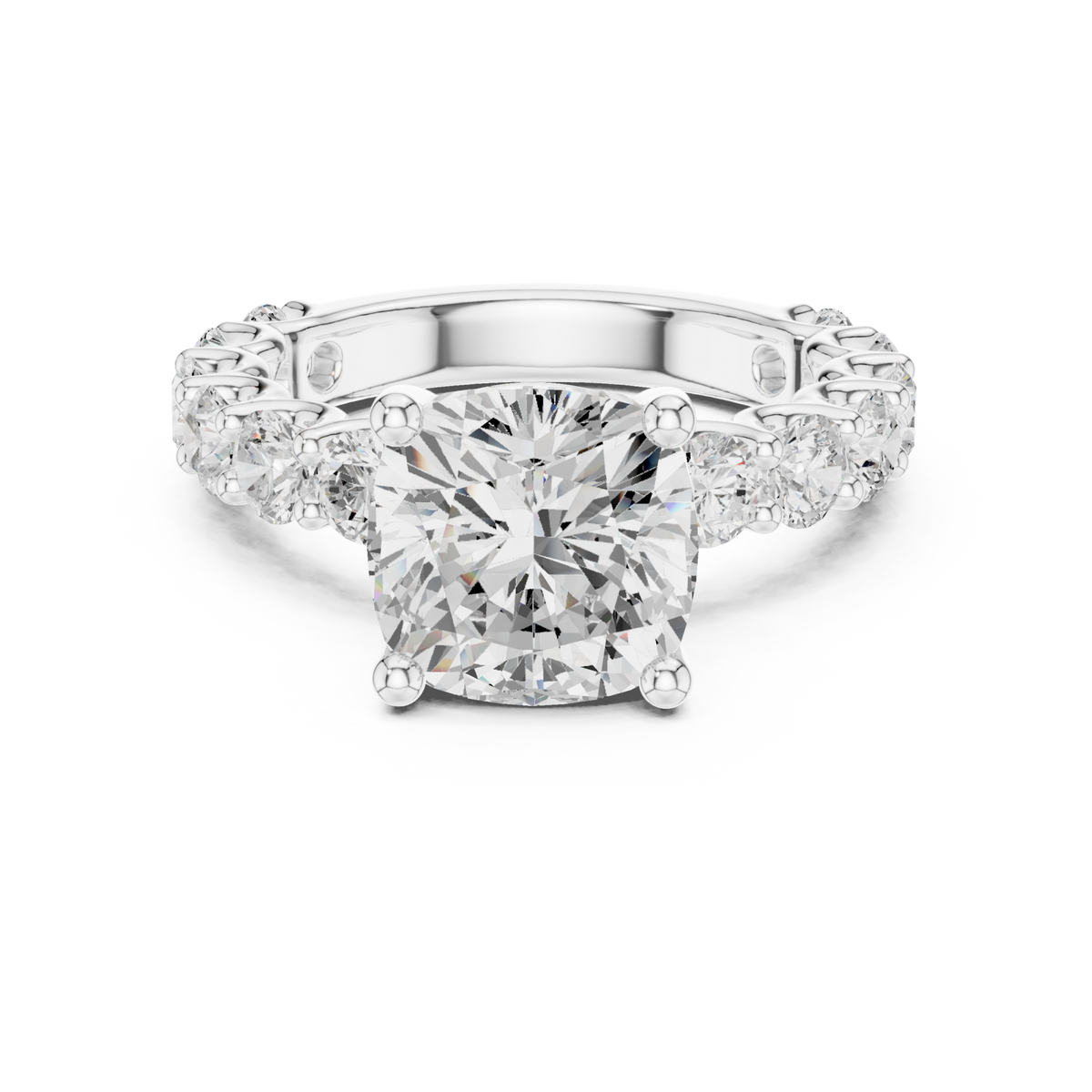 Cushion bold shared-prong accent engagement ring white gold detail view