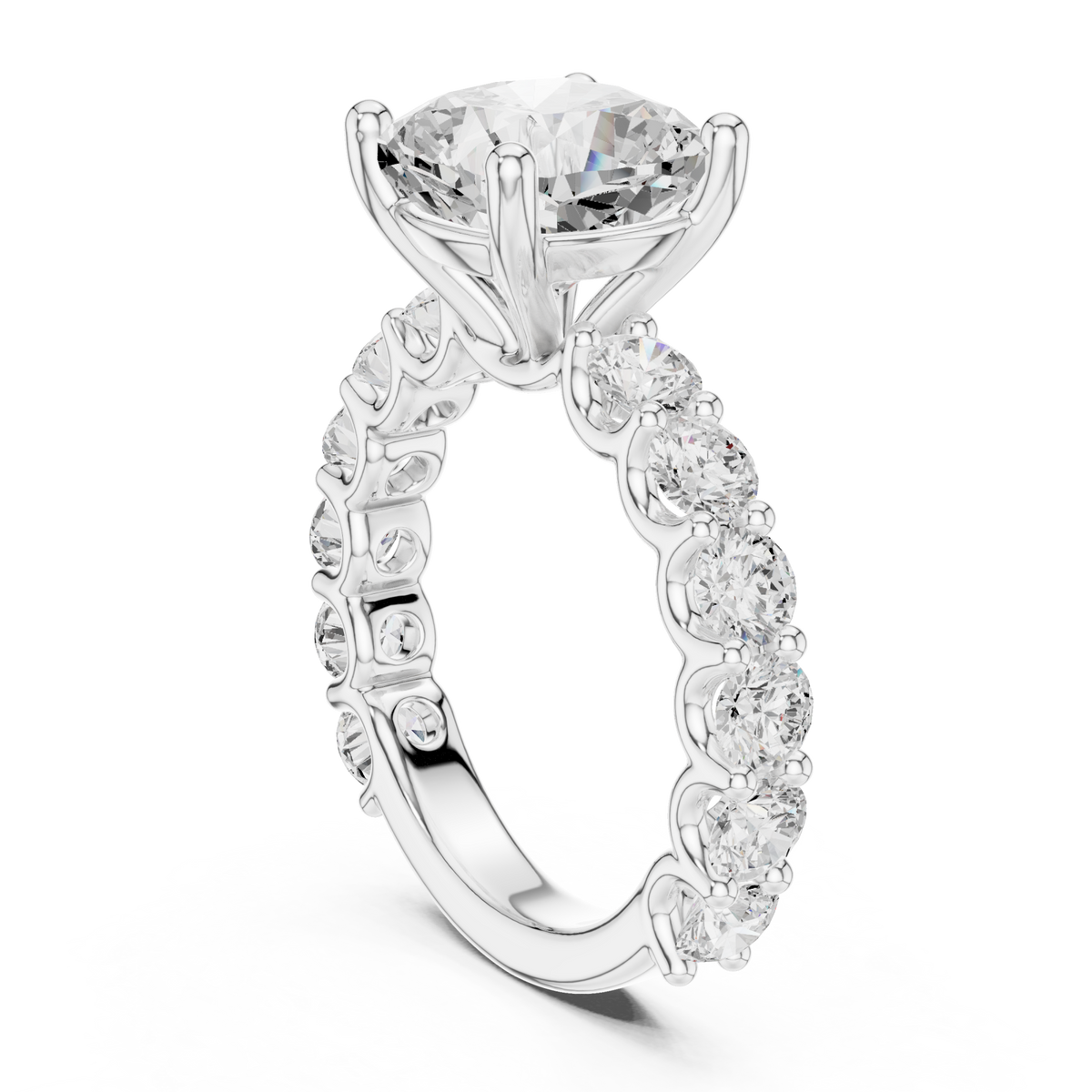 Cushion bold shared-prong accent engagement ring white gold front view