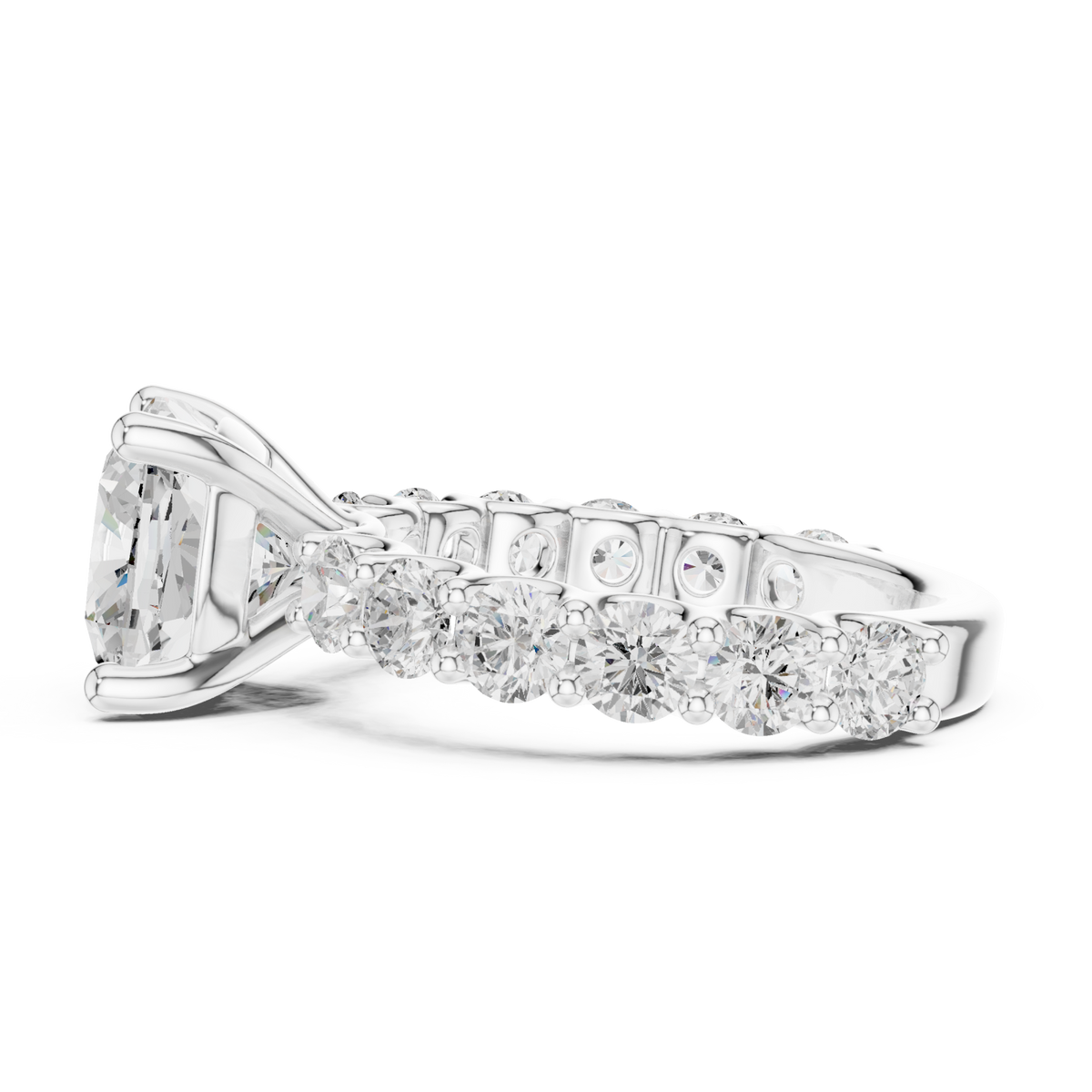 Cushion bold shared-prong accent engagement ring white gold side view