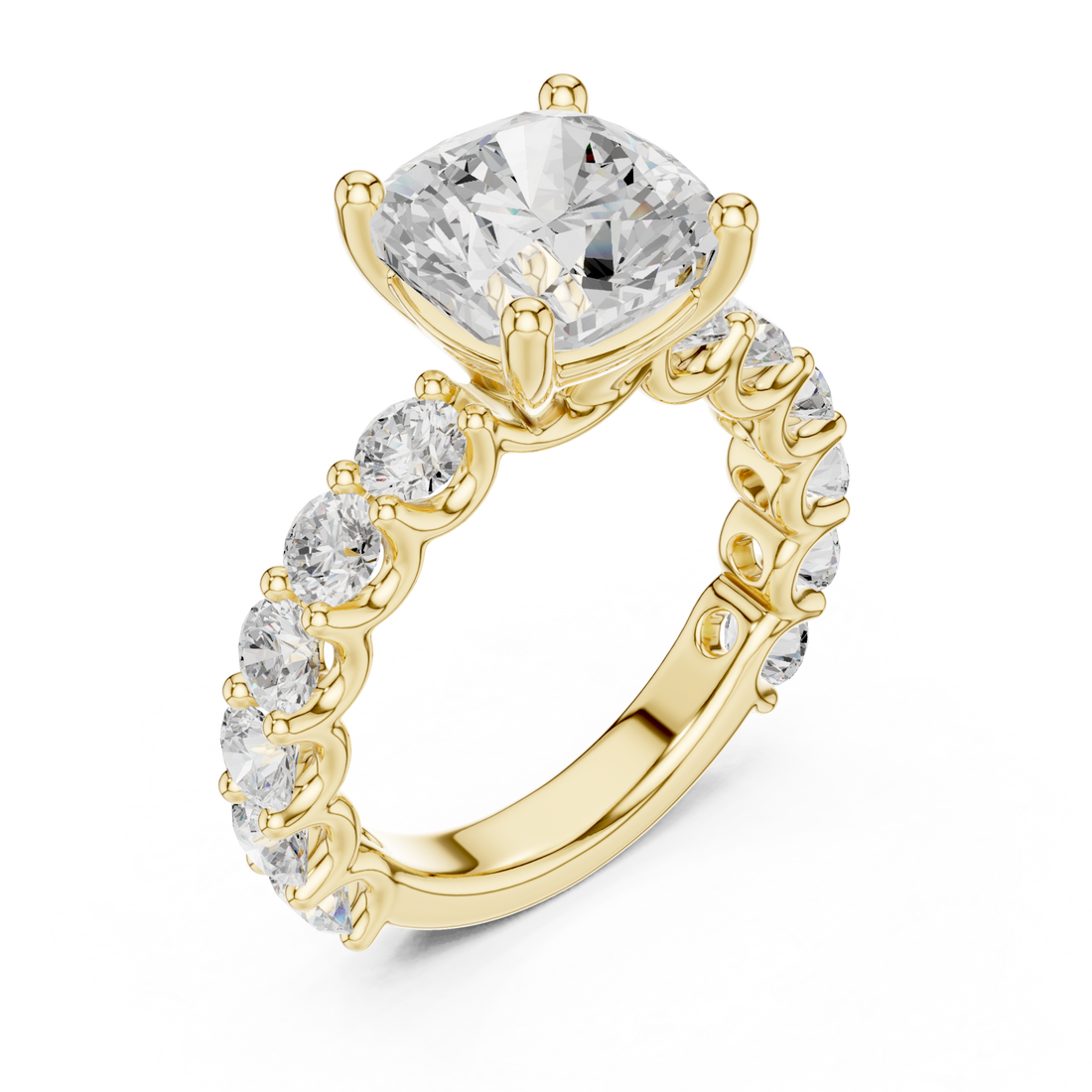 Cushion bold shared-prong accent engagement ring yellow gold front view