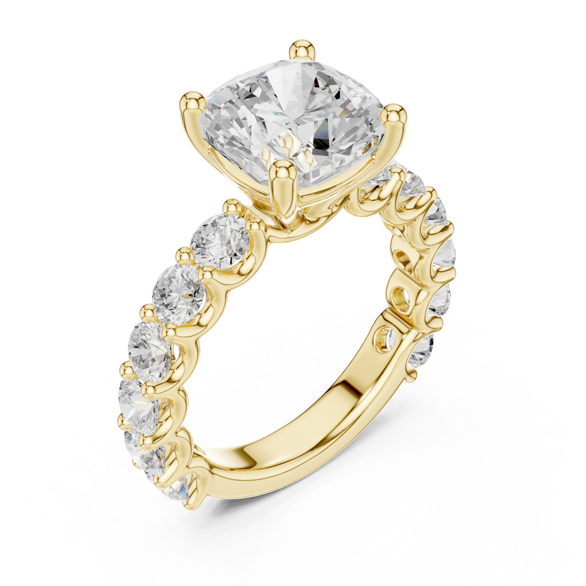 Cushion bold shared-prong accent engagement ring yellow gold angle view